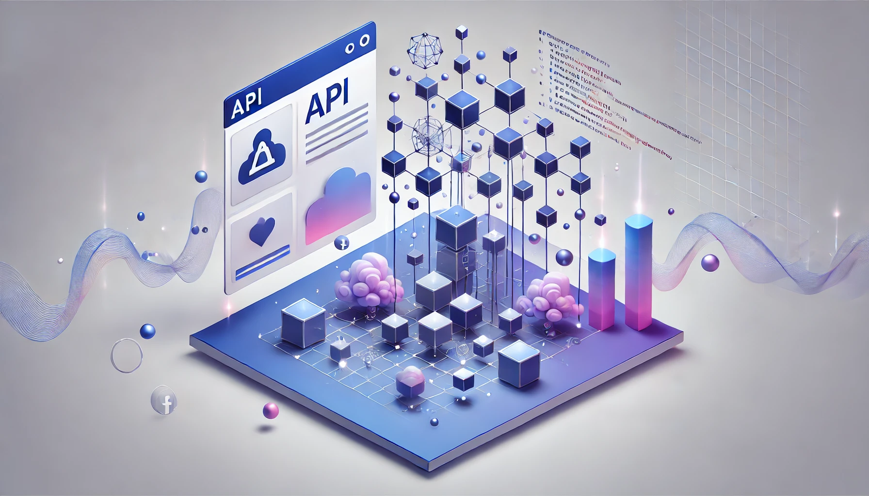 API Illustration showing connected cubes and cloud computing concepts